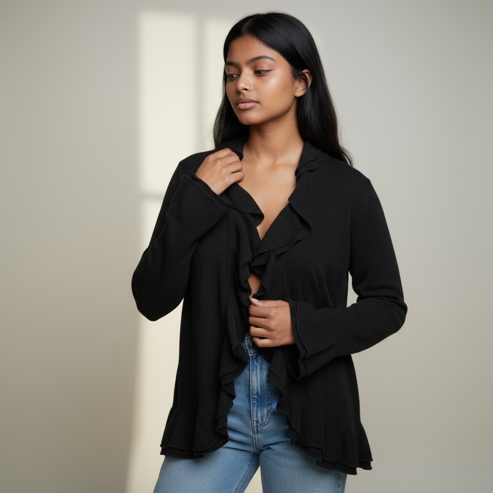 Lafayette 148 New York Black Ruffled Open Front Cardigan Size L